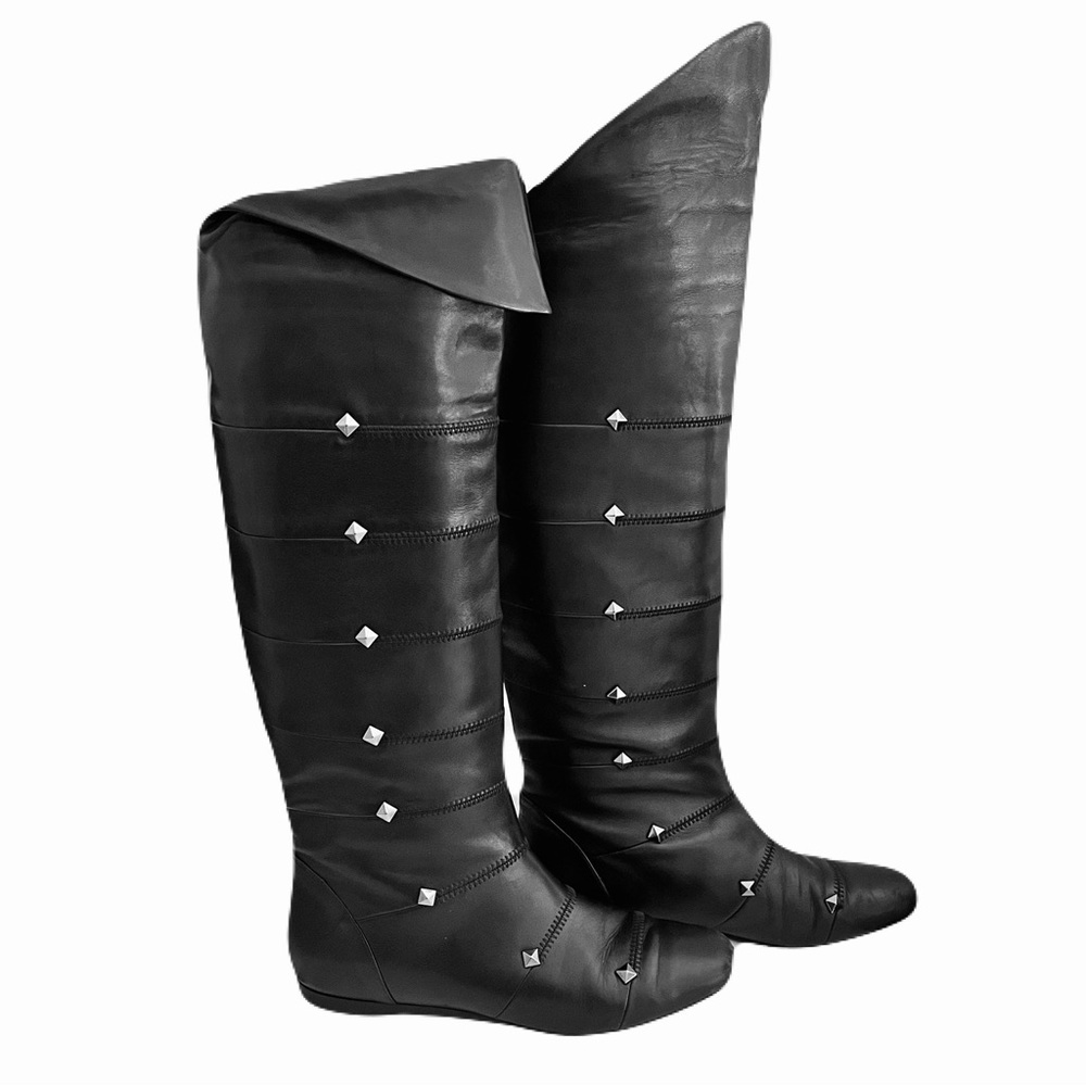 Botkier Black Leather ‘Drea’ Studded Knee High Flat Boots, Size 38
